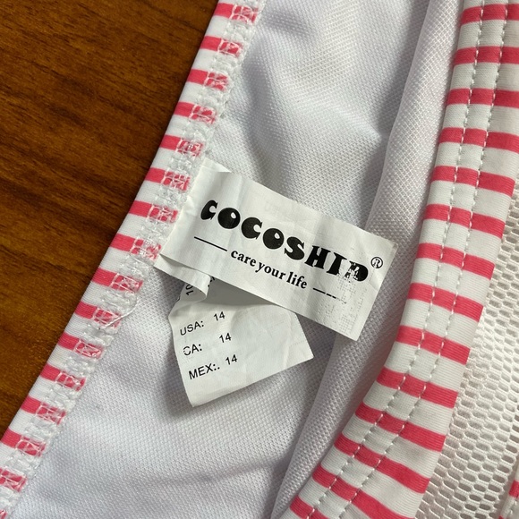 COCOSHIP Boho Pom Pom High Waist 2 PIECE BIKINI Pink Stripes Size 14 - Picture 7 of 9